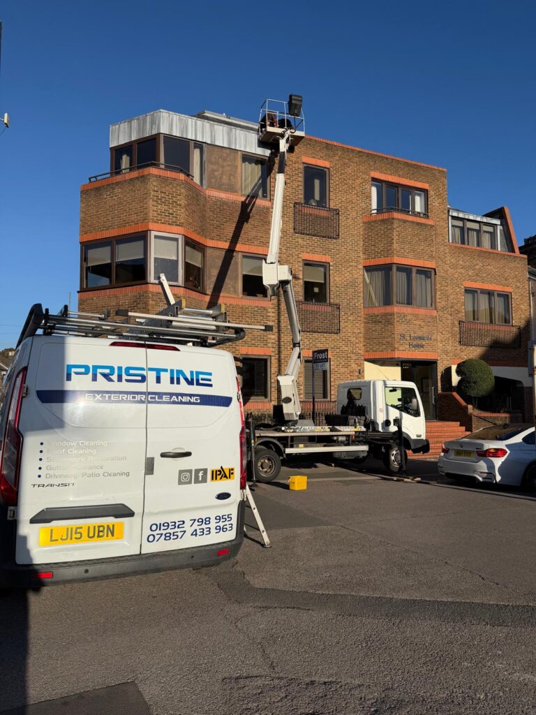 Pristine Exterior Cleaning van and cherry picker on site